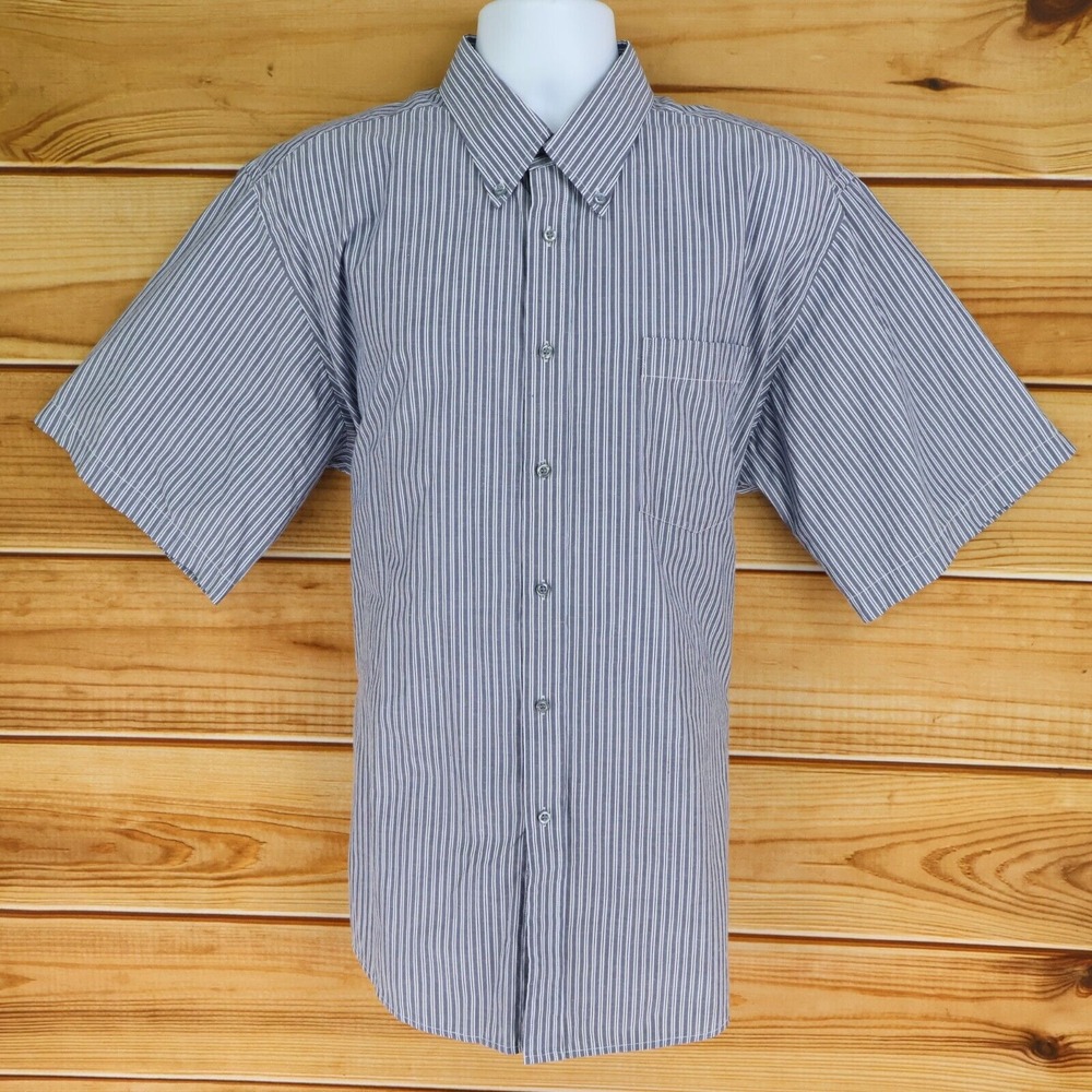 Short Sleeve Dress Shirt Button Down Collar Mens Size 18 Collar Gray Striped